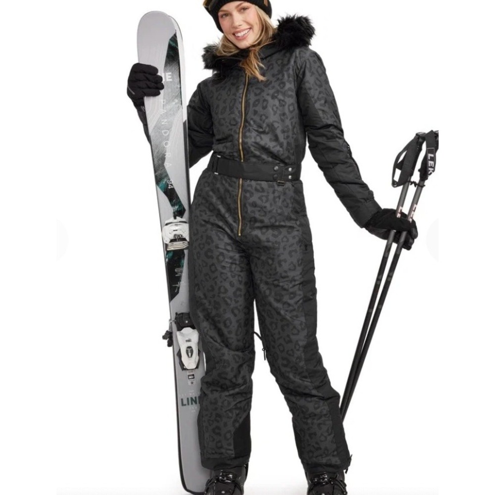 Tipsy Elves Midnight Leopard Snow Suit Large Black Gray Excellent Faux Fur Ski